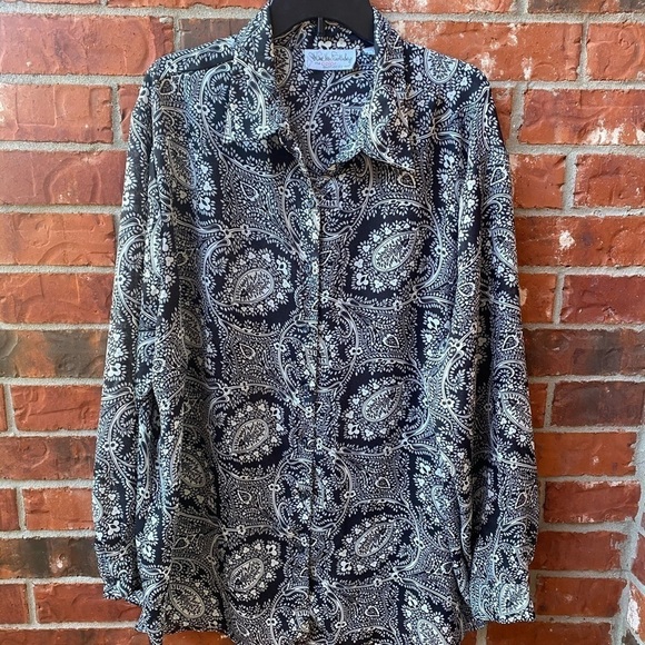 Diane Von Furstenberg Vintage Womens 2X 3X Black Sheer Floral Button Down Blouse - Picture 8 of 8